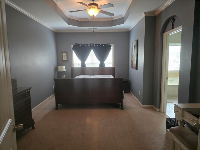 106 Trailside Way, Hiram, GA 30141 - bedroom with carpet flooring, crown molding, a raised ceiling, ensuite bath, and ceiling fan