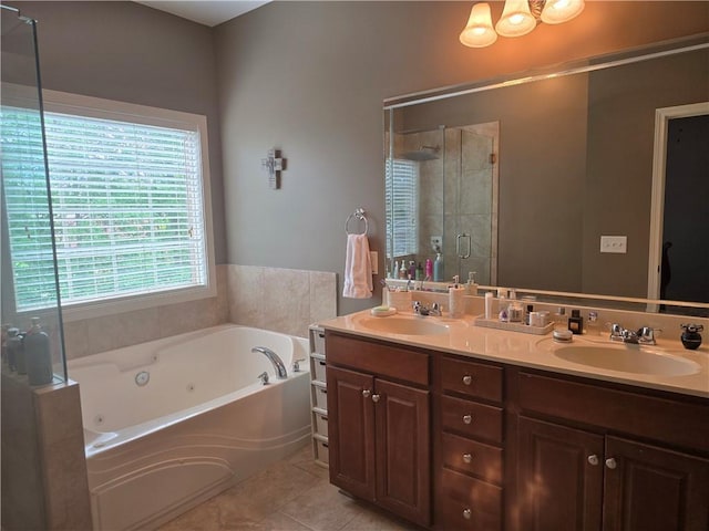 106 Trailside Way, Hiram, GA 30141 - bathroom featuring a whirlpool tub, double vanity, tile patterned floors, and a shower stall