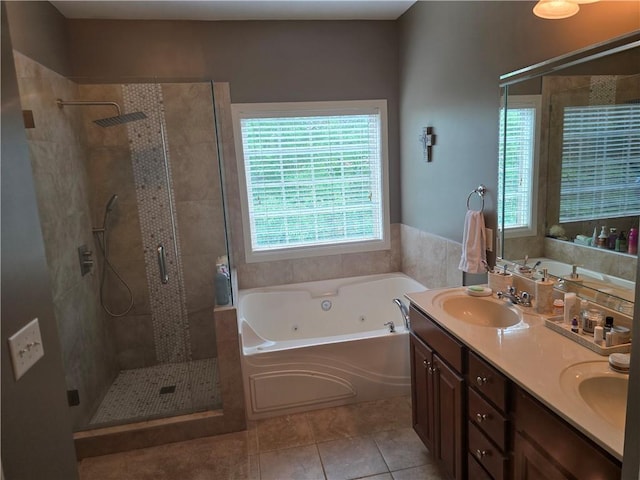 106 Trailside Way, Hiram, GA 30141 - full bath featuring a jetted tub, double vanity, a stall shower, and tile patterned flooring