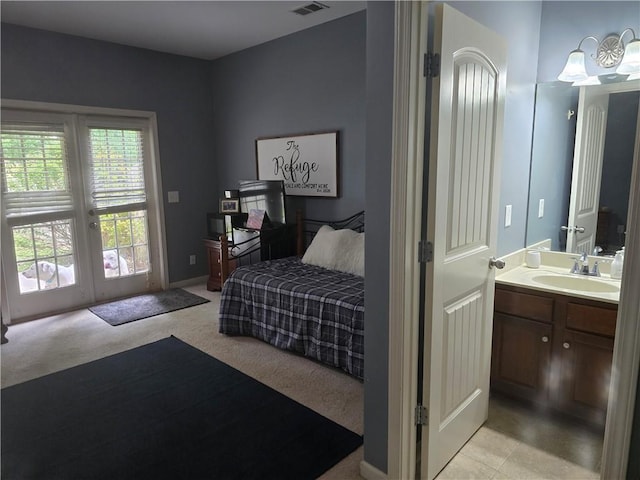 106 Trailside Way, Hiram, GA 30141 - bedroom with french doors, access to outside, a sink, light colored carpet, and baseboards