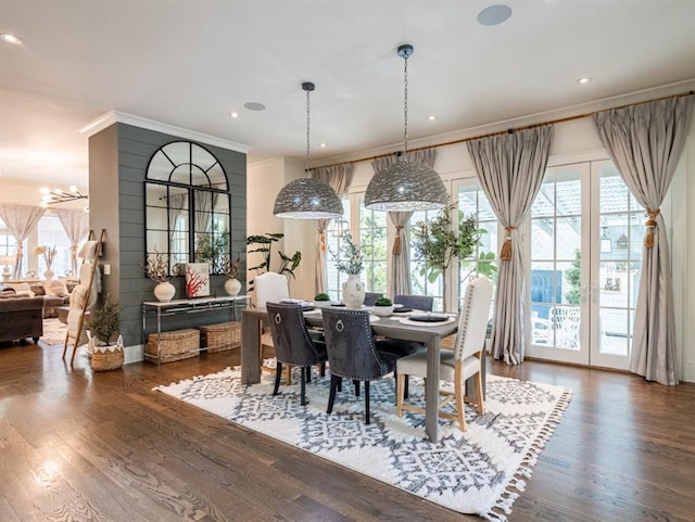 dining room featuring dark wood-style floors, recessed lighting, and ornamental molding