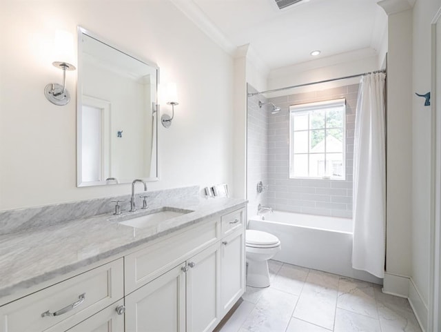 bathroom featuring toilet, shower / bath combination with curtain, vanity, and crown molding