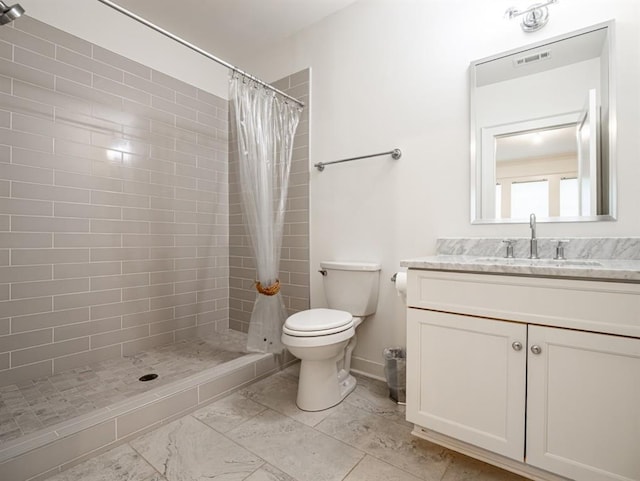 full bathroom with visible vents, toilet, marble finish floor, vanity, and a shower stall