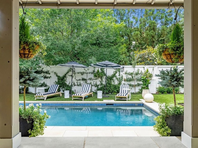 view of swimming pool with a fenced backyard, a fenced in pool, and a lawn