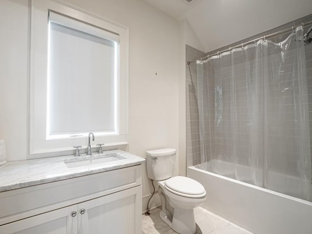 bathroom with toilet, shower / bath combo with shower curtain, and vanity