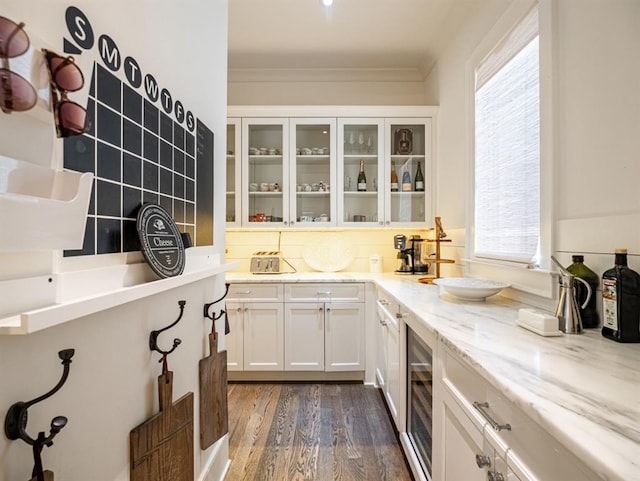 interior space with wine cooler, ornamental molding, backsplash, and dark wood-style flooring