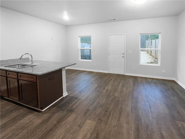 kitchen with dark wood-type flooring, plenty of natural light, open floor plan, and a sink