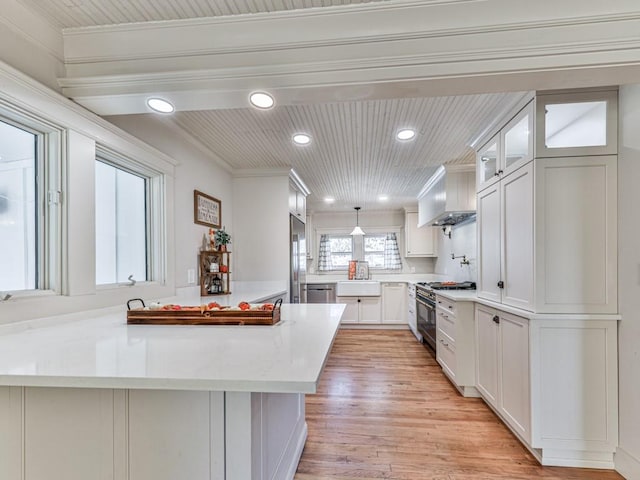 kitchen with white cabinets, light hardwood / wood-style floors, high quality appliances, and ornamental molding