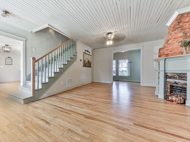 unfurnished living room with light hardwood / wood-style flooring, ceiling fan, and wood ceiling