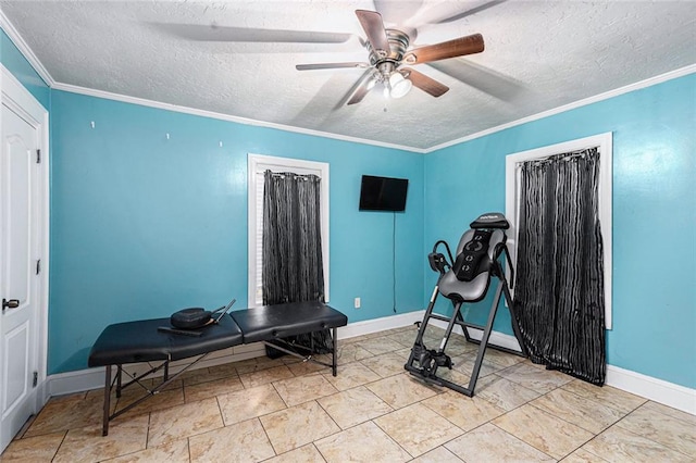 workout room with ceiling fan, a textured ceiling, baseboards, and crown molding