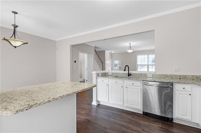 2754 Terrell Trace Dr, Marietta, GA 30067 - kitchen with stainless steel dishwasher, a sink, dark wood-style flooring, a peninsula, and white cabinets
