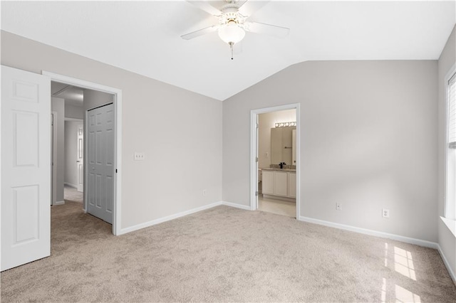 2754 Terrell Trace Dr, Marietta, GA 30067 - unfurnished bedroom with light carpet, lofted ceiling, baseboards, connected bathroom, and a ceiling fan