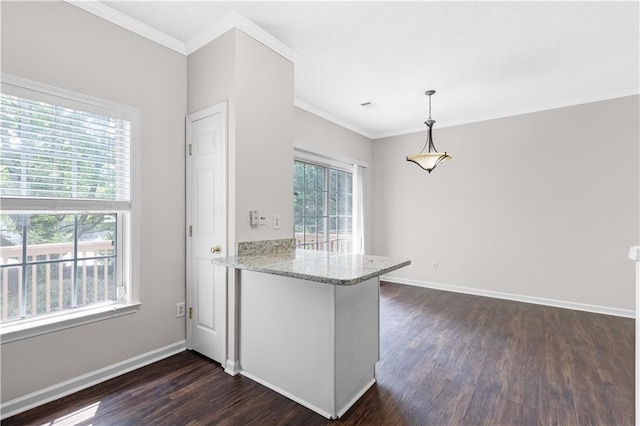 2754 Terrell Trace Dr, Marietta, GA 30067 - kitchen with dark wood-style flooring, ornamental molding, a peninsula, light stone countertops, and baseboards