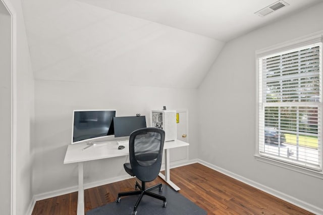 office area featuring hardwood / wood-style floors and lofted ceiling