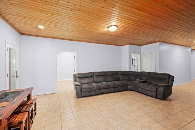 tiled living room with wooden ceiling and ornamental molding