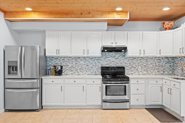 kitchen featuring white cabinets, appliances with stainless steel finishes, and wood ceiling