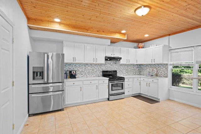 kitchen featuring white cabinets, appliances with stainless steel finishes, and wood ceiling