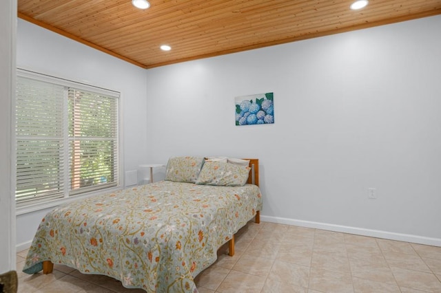 bedroom featuring wooden ceiling and ornamental molding