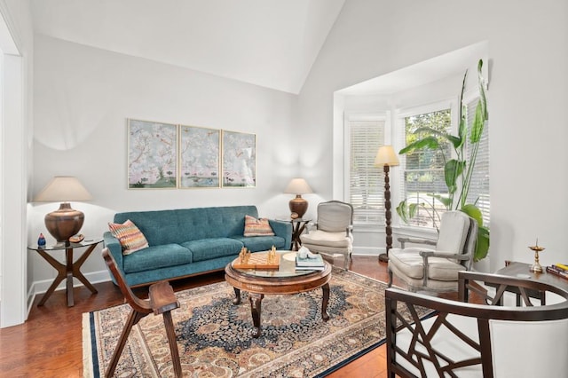 living room with dark hardwood / wood-style floors and high vaulted ceiling