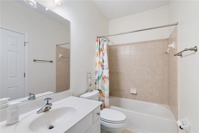 full bathroom featuring vanity, toilet, and shower / bathtub combination with curtain