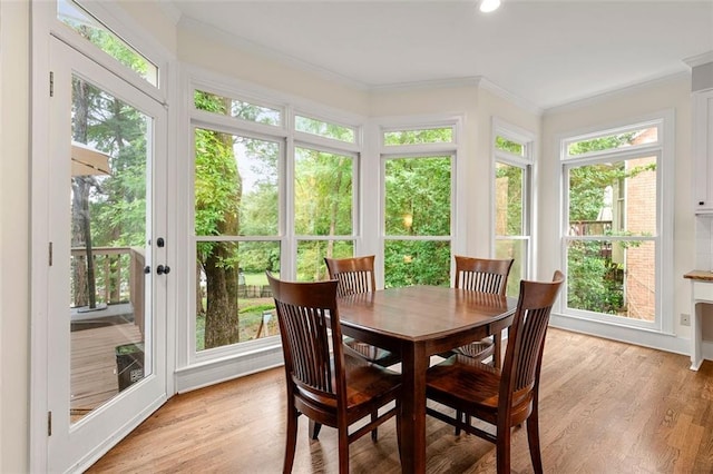 3714 Westbrooke Cir NE, Brookhaven, GA 30319 - sunroom with french doors, crown molding, wood finished floors, and recessed lighting