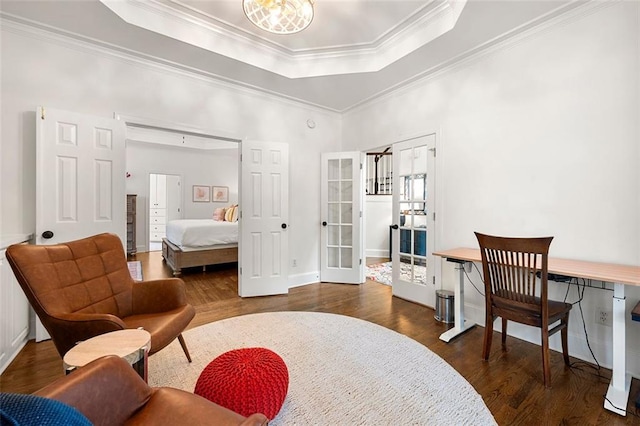 3714 Westbrooke Cir NE, Brookhaven, GA 30319 - sitting room with dark wood-style floors, a raised ceiling, ornamental molding, french doors, and baseboards
