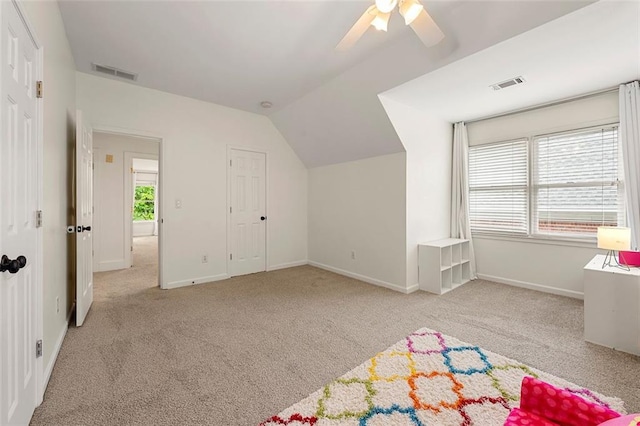 3714 Westbrooke Cir NE, Brookhaven, GA 30319 - recreation room with carpet, ceiling fan, vaulted ceiling, and baseboards