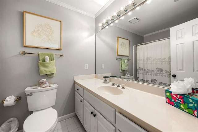 3714 Westbrooke Cir NE, Brookhaven, GA 30319 - bathroom featuring toilet, vanity, tile patterned floors, ornamental molding, and baseboards