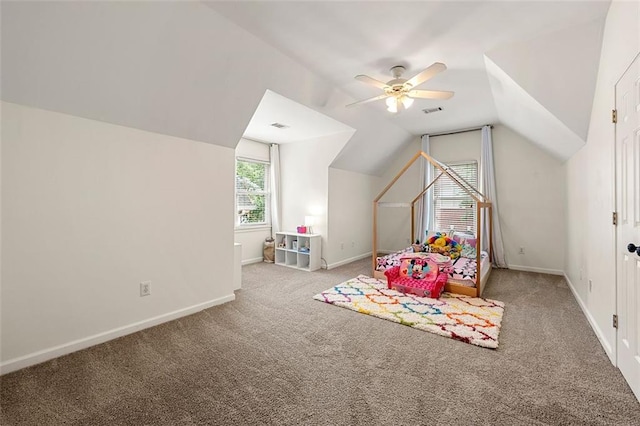 3714 Westbrooke Cir NE, Brookhaven, GA 30319 - playroom featuring carpet flooring, lofted ceiling, a ceiling fan, and baseboards