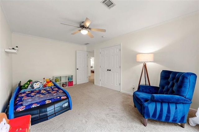 3714 Westbrooke Cir NE, Brookhaven, GA 30319 - carpeted bedroom featuring ceiling fan, baseboards, crown molding, and a closet