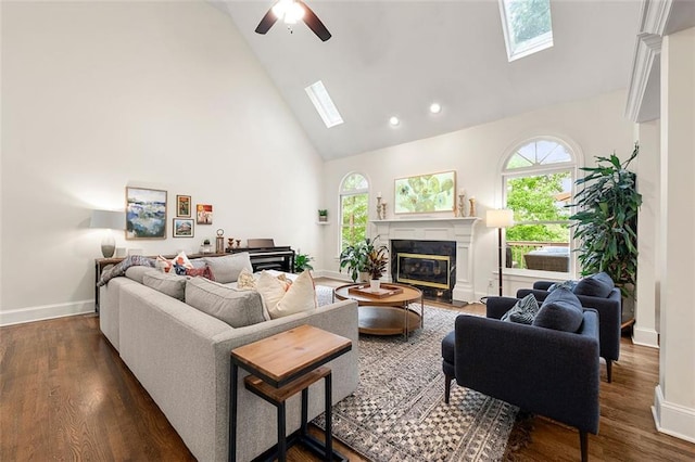 3714 Westbrooke Cir NE, Brookhaven, GA 30319 - living area featuring a skylight, high vaulted ceiling, a glass covered fireplace, plenty of natural light, and dark wood-type flooring