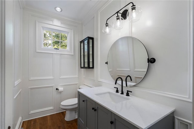 bathroom featuring wood finished floors, vanity, toilet, and a decorative wall