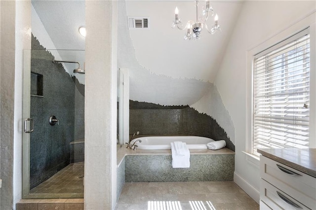 full bath featuring visible vents, a notable chandelier, a shower stall, and a bath