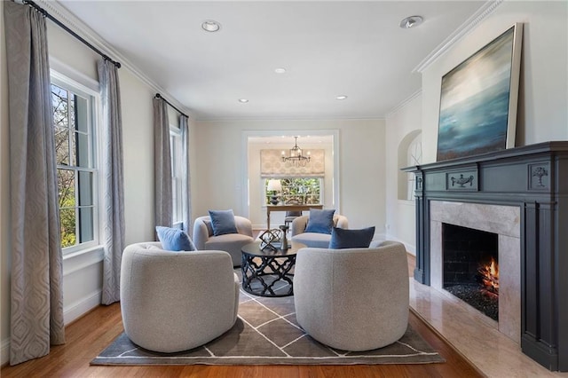 living area with a premium fireplace, ornamental molding, wood finished floors, a chandelier, and baseboards