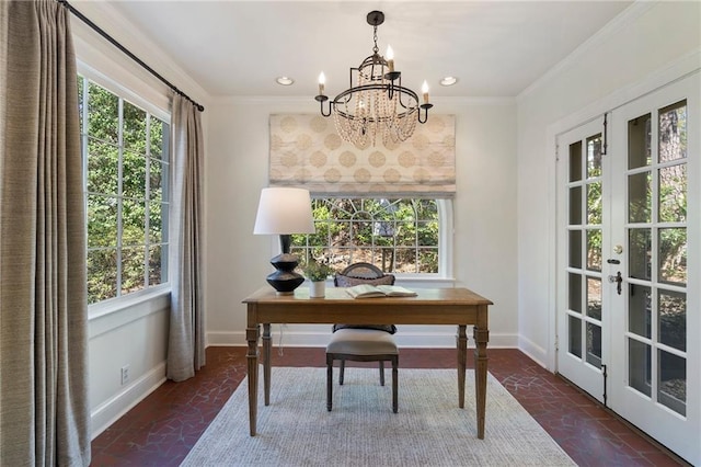 office area with ornamental molding, brick floor, and baseboards