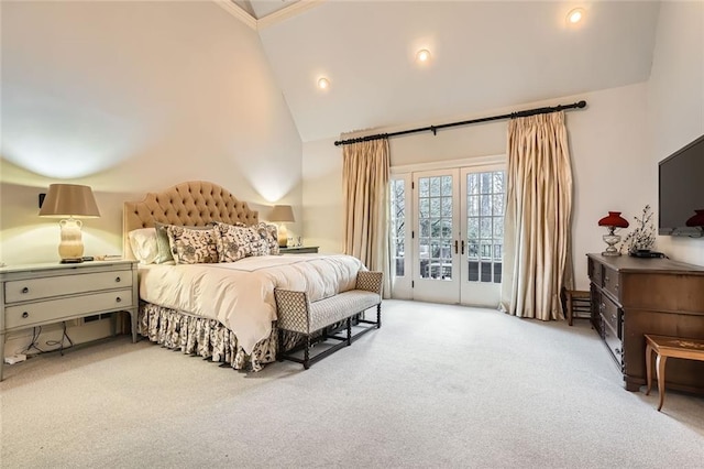 bedroom with access to outside, carpet flooring, french doors, and high vaulted ceiling