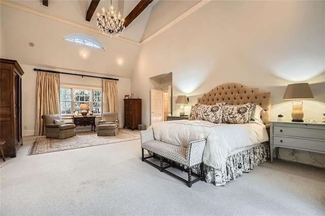 carpeted bedroom with beamed ceiling, a notable chandelier, and high vaulted ceiling