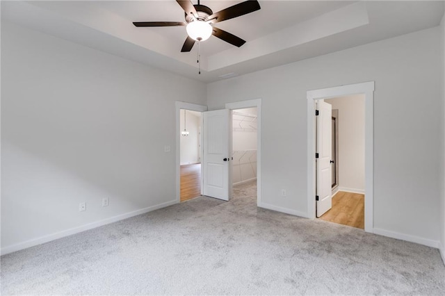 unfurnished bedroom featuring carpet flooring, a spacious closet, baseboards, and a tray ceiling