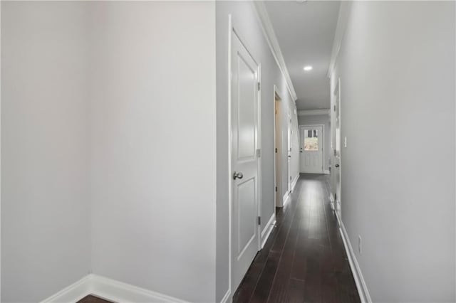 hallway with crown molding and dark hardwood / wood-style flooring