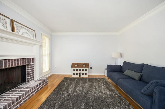 2689 Spring Rock Ct NE, Roswell, GA 30075 - living area with crown molding, wood finished floors, and a brick fireplace
