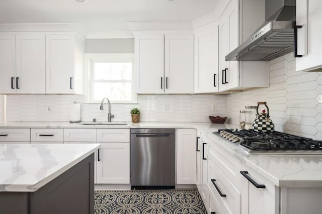 2689 Spring Rock Ct NE, Roswell, GA 30075 - kitchen featuring wall chimney range hood, appliances with stainless steel finishes, white cabinetry, light stone counters, and crown molding
