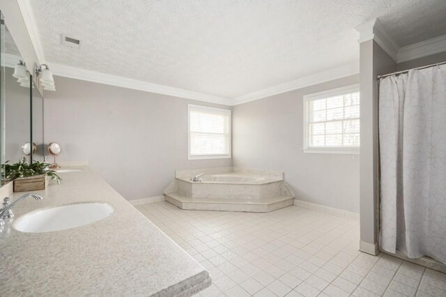 2689 Spring Rock Ct NE, Roswell, GA 30075 - bathroom featuring healthy amount of natural light, a bath, tile patterned floors, double vanity, and a textured ceiling