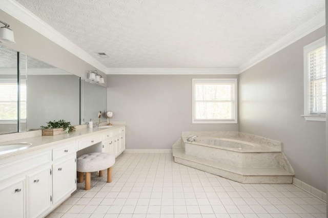 2689 Spring Rock Ct NE, Roswell, GA 30075 - full bath with double vanity, a bath, ornamental molding, a textured ceiling, and tile patterned floors