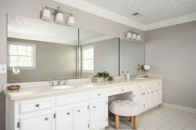 2689 Spring Rock Ct NE, Roswell, GA 30075 - full bathroom featuring double vanity, crown molding, tile patterned floors, and a textured ceiling