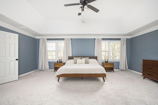 2689 Spring Rock Ct NE, Roswell, GA 30075 - carpeted bedroom with multiple windows, a tray ceiling, a ceiling fan, and crown molding