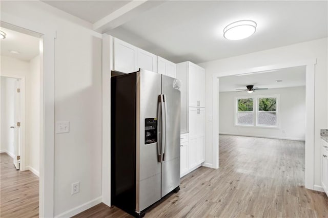 329 Cranfill Rd SE, Marietta, GA 30060 - kitchen featuring stainless steel refrigerator with ice dispenser, light wood finished floors, white cabinetry, baseboards, and ceiling fan