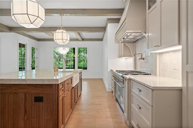 384 Hickory Pass, Alpharetta, GA 30004 - kitchen with custom exhaust hood, a sink, light wood finished floors, baseboards, and plenty of natural light