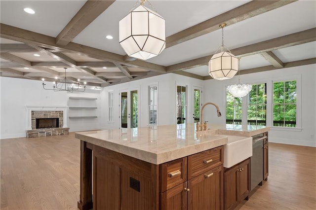 384 Hickory Pass, Alpharetta, GA 30004 - kitchen featuring a chandelier, a sink, baseboards, coffered ceiling, and light wood finished floors