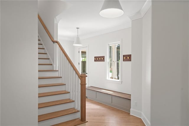 384 Hickory Pass, Alpharetta, GA 30004 - stairs with wood finished floors, ornamental molding, and baseboards
