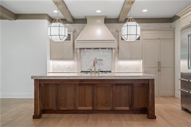 384 Hickory Pass, Alpharetta, GA 30004 - kitchen with custom exhaust hood, beamed ceiling, decorative backsplash, a sink, and light wood-style flooring